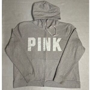 PINK Victoria's Secret Zip Up Hoodie Gray Graphic Full Zip Sweatshirt XXL GUC